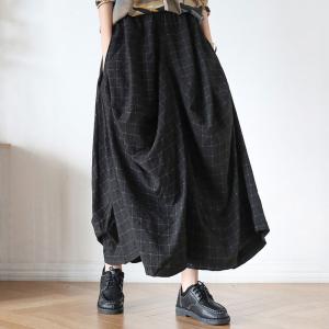 Loose Linen Wide Leg Pants Elastic Waist Plaids Asymmetrical Trousers