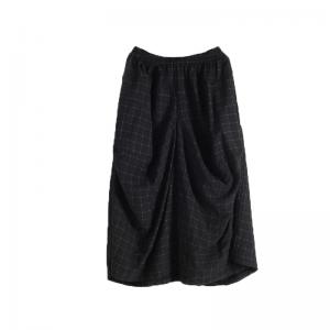 Loose Linen Wide Leg Pants Elastic Waist Plaids Asymmetrical Trousers