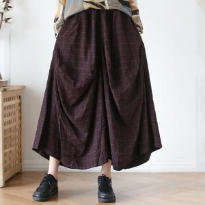 Loose Linen Wide Leg Pants Elastic Waist Plaids Asymmetrical Trousers