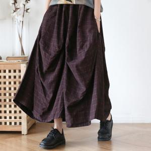 Loose Linen Wide Leg Pants Elastic Waist Plaids Asymmetrical Trousers