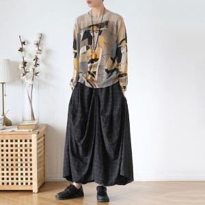 Loose Linen Wide Leg Pants Elastic Waist Plaids Asymmetrical Trousers