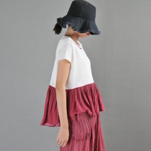 Contrasting Color Short Sleeve T-shirt Ruffled Oversized T-shirt for Women