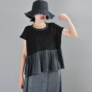 Contrasting Color Short Sleeve T-shirt Ruffled Oversized T-shirt for Women