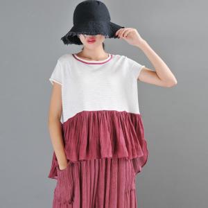 Contrasting Color Short Sleeve T-shirt Ruffled Oversized T-shirt for Women