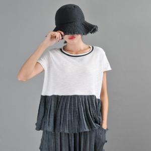 White and Gray Summer Tee Casaul Plus Size Pleated T-shirt