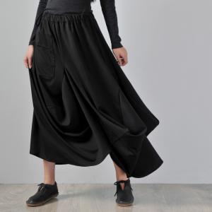 Straight Pocket Loose  Asymmetrical Draped Skirt Black Maxi A-Line Skirt