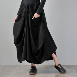 Straight Pocket Loose  Asymmetrical Draped Skirt Black Maxi A-Line Skirt