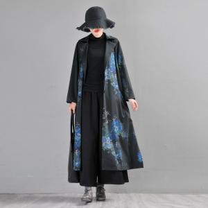 Flowers Printed Tailored Collar Coat Large Long H-Shaped Coat