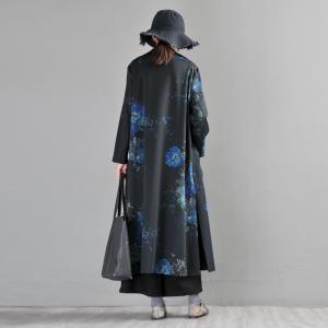 Flowers Printed Tailored Collar Coat Large Long H-Shaped Coat