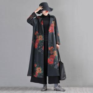 Flowers Printed Tailored Collar Coat Large Long H-Shaped Coat