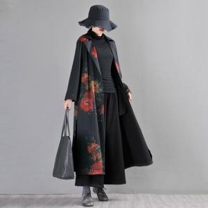 Flowers Printed Tailored Collar Coat Large Long H-Shaped Coat