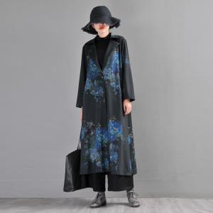 Flowers Printed Tailored Collar Coat Large Long H-Shaped Coat