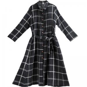 Long Sleeve Big Plaid Dress Linen Wrap Shirt Dress