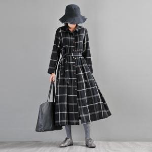 Long Sleeve Big Plaid Dress Linen Wrap Shirt Dress