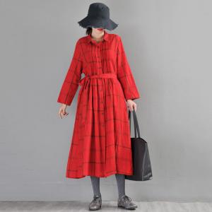 Long Sleeve Big Plaid Dress Linen Wrap Shirt Dress