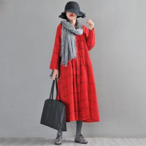 Long Sleeve Big Plaid Dress Linen Wrap Shirt Dress