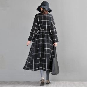 Long Sleeve Big Plaid Dress Linen Wrap Shirt Dress