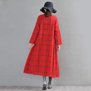 Long Sleeve Big Plaid Dress Linen Wrap Shirt Dress