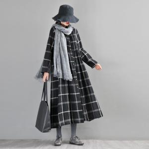 Long Sleeve Big Plaid Dress Linen Wrap Shirt Dress