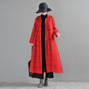 Long Sleeve Big Plaid Dress Linen Wrap Shirt Dress