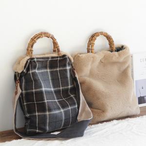 Double-Faced Lamb Wool Handbag Checkered Floral Shoulder Bag