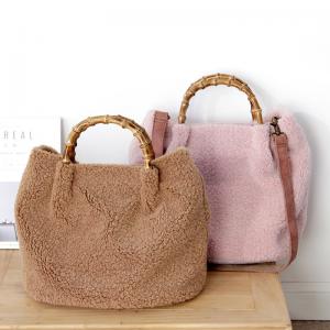 Solid Color Bamboo Handle Bag Lam Wool Shoulder Bag for Woman