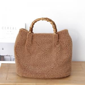Solid Color Bamboo Handle Bag Lam Wool Shoulder Bag for Woman