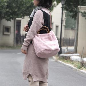 Solid Color Bamboo Handle Bag Lam Wool Shoulder Bag for Woman