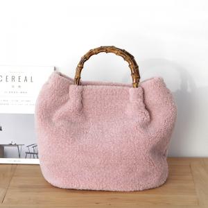 Solid Color Bamboo Handle Bag Lam Wool Shoulder Bag for Woman