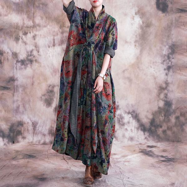 Loose-Fitting Wrap Printed Maxi Dress Long Sleeve Linen Dress