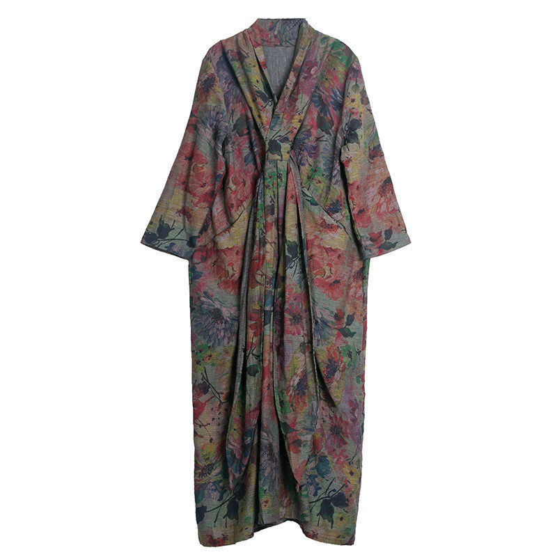 Loose-Fitting Wrap Printed Maxi Dress Long Sleeve Linen Dress in As The ...