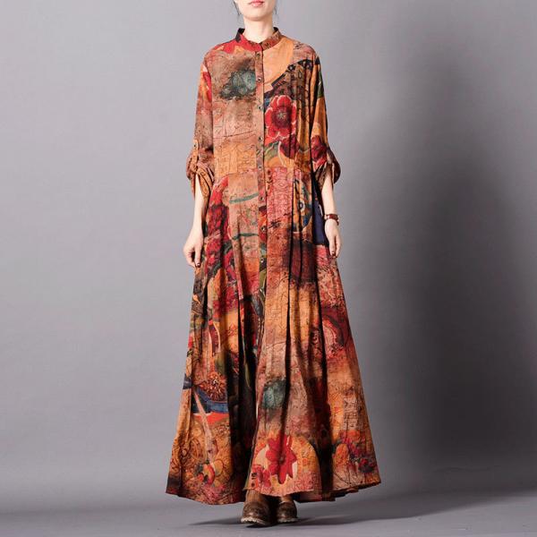 Single-Breasted Printed Maxi Dress  Empire Waist Silk Long Shirt Dress