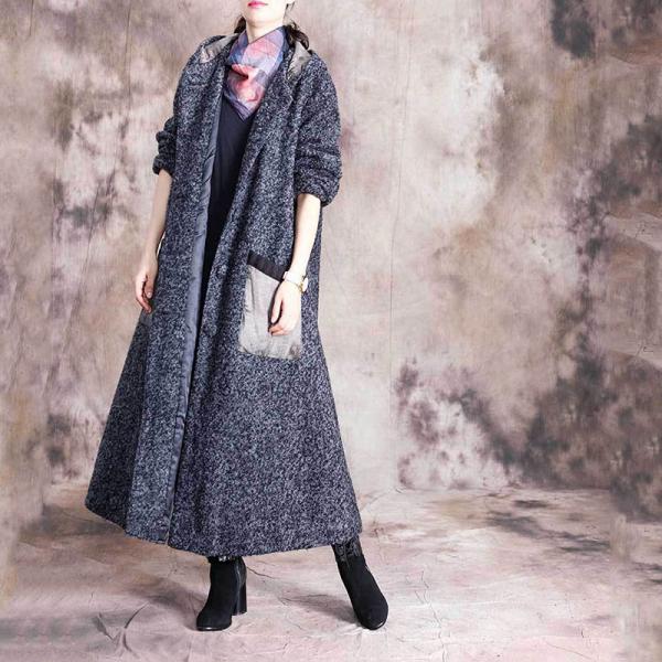 Contrast-Colored Pockets Plus Size Coat Wool Hoodie Tweed Coat