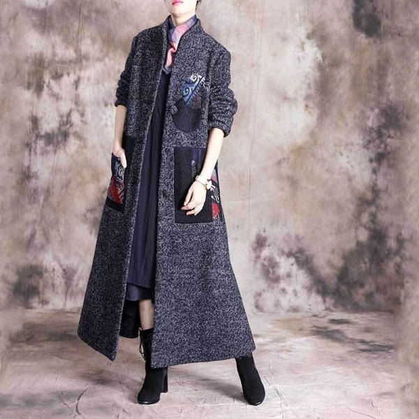 Stand Collar Ethnic Patchwork Tweed Coat Wool Blend H-Shaped Coat