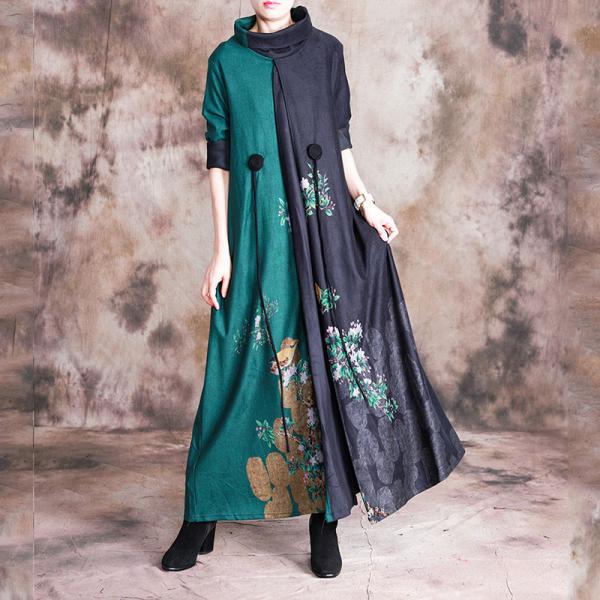 Senior Women Flowers Loose Winter Dress Stand Collar Chinese Dress