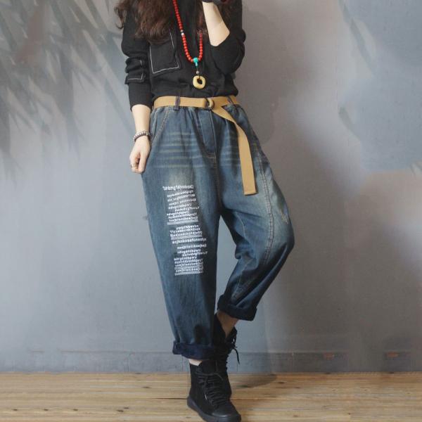 Letter Prints Korean  Baggy Jeans Fleece Lining Winter Jeans for Women