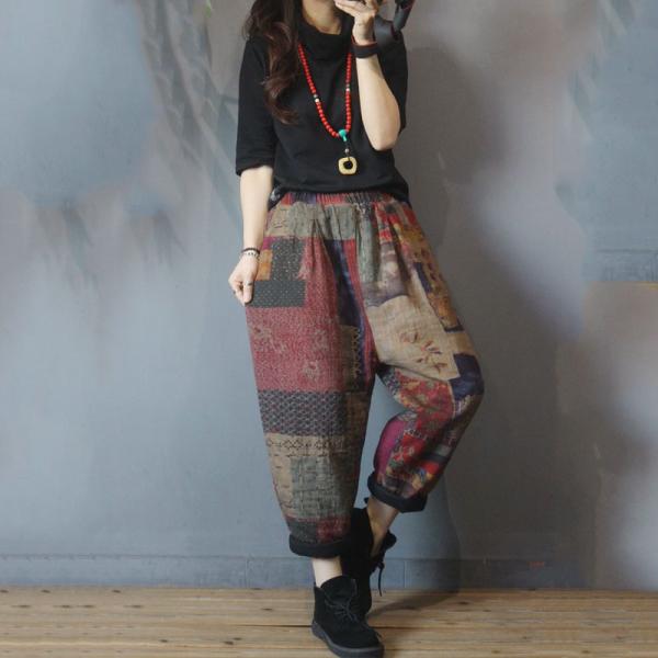 Cotton Linen Printing Ethnic Pants Loose Quilted Trousers for Senior Women