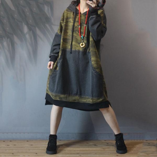 Patched Pockets Denim Hooded Dress Plus Size Fleece Camouflage Hoodie