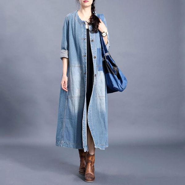 Single-Breasted Long Denim Coat Baggy Blue Outerwear