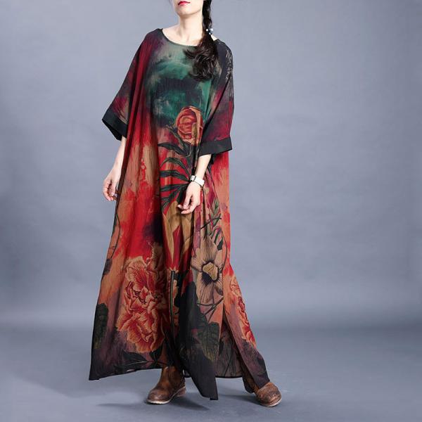 Peony Printed Plus Size Slit Dress Spring Vintage Maxi Dress