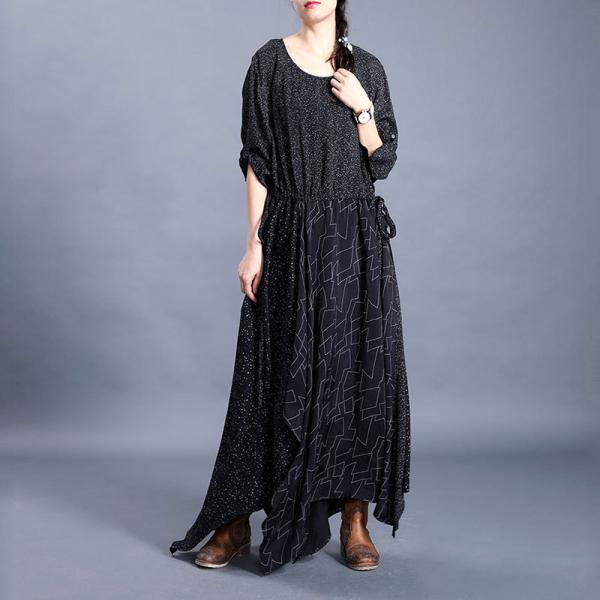 Asymmetrical Black Maxi Dress Drawstring Glittering Maxi Dress