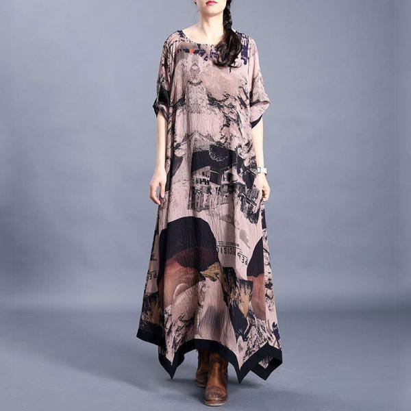 Asymmetrical Hem Chinese Dress Printed Maxi Loose Dress