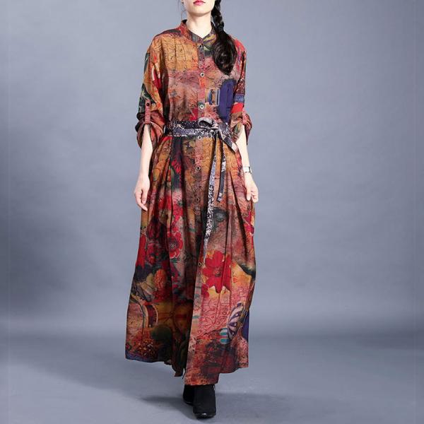 Colorful Flowers Tie Knot Shirt Dress Silky Modest Caftans