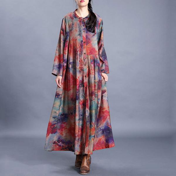 Single-Breasted Pleated Shirt Dress Loose Red Printed Modest Dress