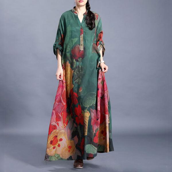 Modest Fashion Red Flowers Green Dress Loose Silk Resort Wear