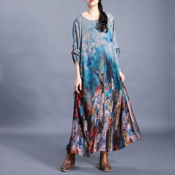 Senior Women Side Drawstring Shift Dress Baggy Blue Caftan