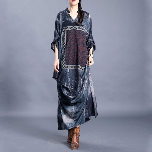 V-Neck Maxi Modest Dress Dark GraySilk  Ethnic Dress for Senior Women