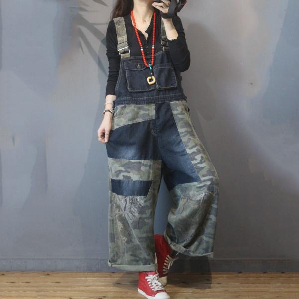 Flap Pockets Wide Leg Camo Overalls Plus Size Denim Dungarees