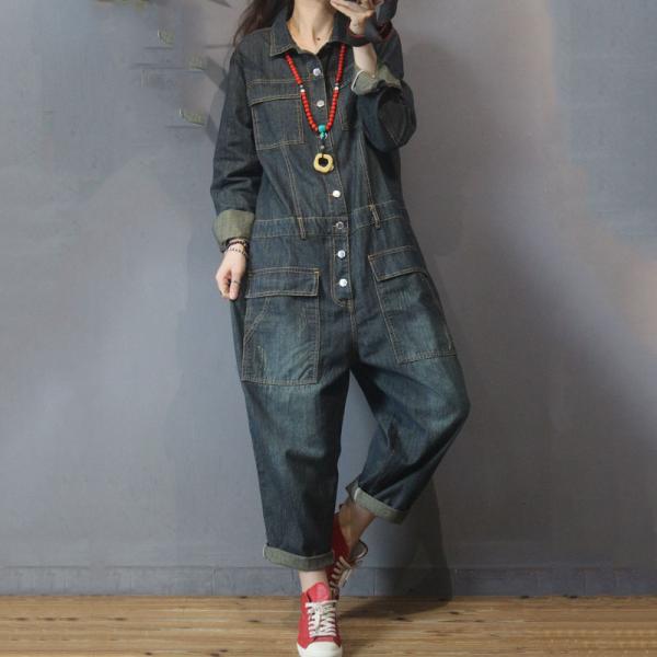 Pocket Decorations Denim Coveralls Womens Large Jumpsuits