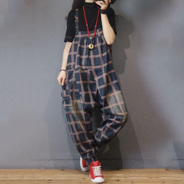 Square Neck Loose Checkered Bib Overalls for Women